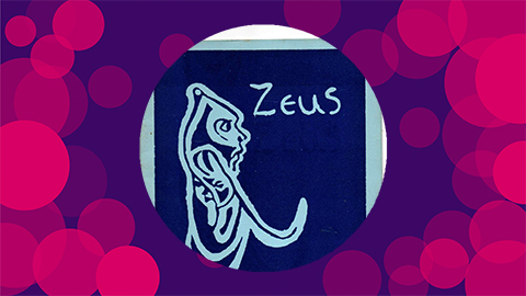 A purple background with pink circles on with the blue cover of the Zeus magazine in the middle of the canvas.